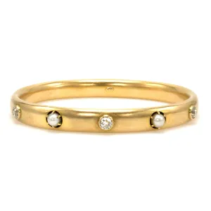 Victorian Kent & Woodland 14 Karat Gold Bangle with European Cut Diamonds and Pearls