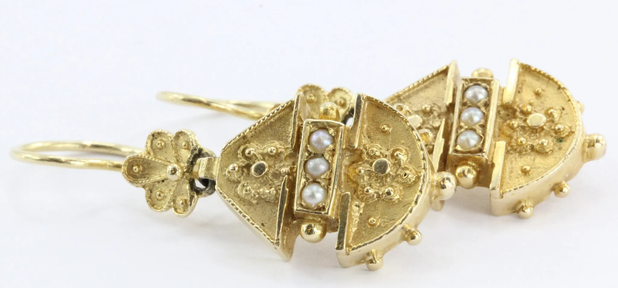 Victorian Style 14K Gold Seed Pearl Dangle Earrings