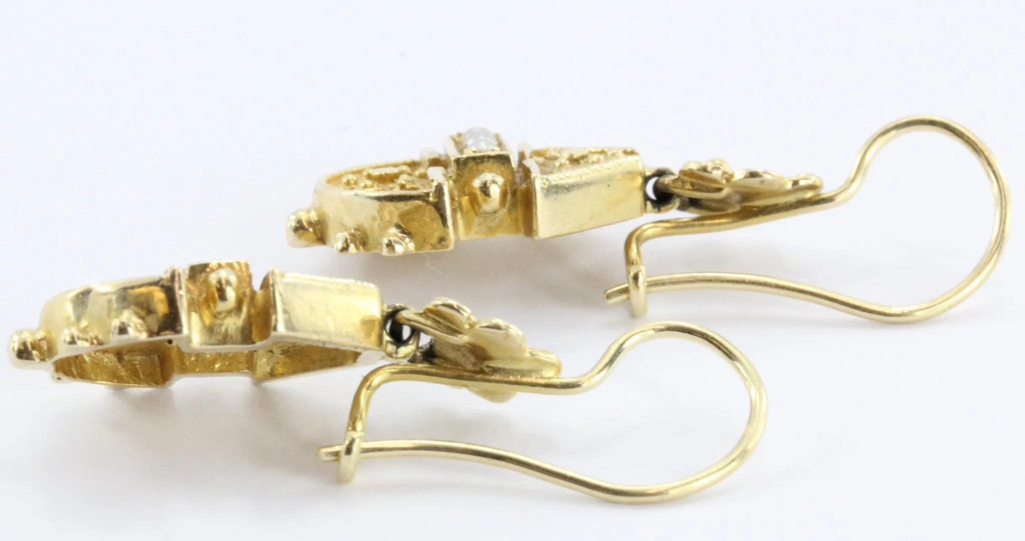 Victorian Style 14K Gold Seed Pearl Dangle Earrings