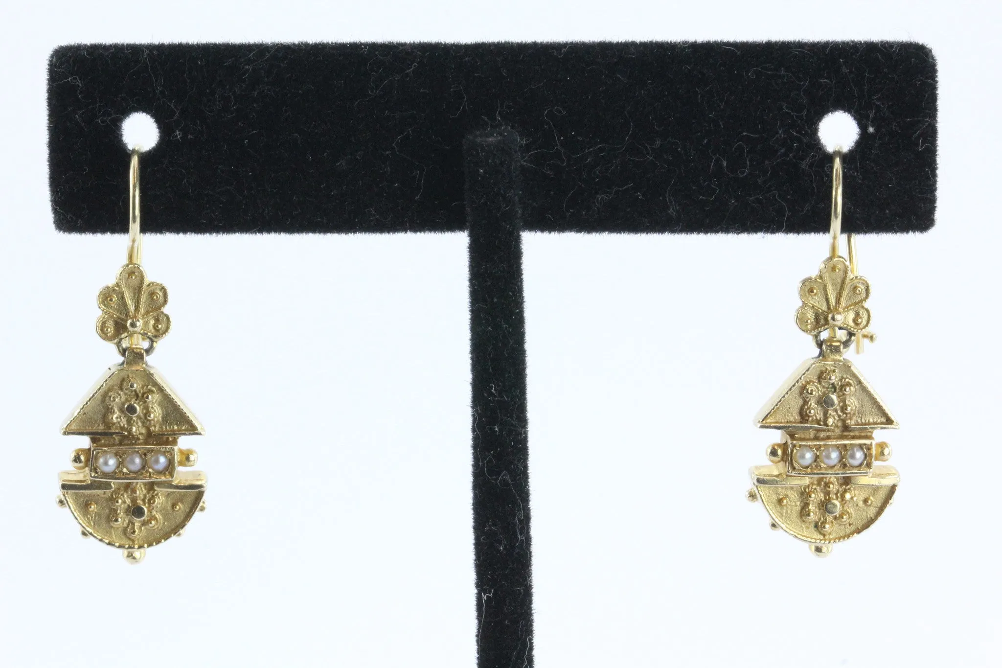Victorian Style 14K Gold Seed Pearl Dangle Earrings