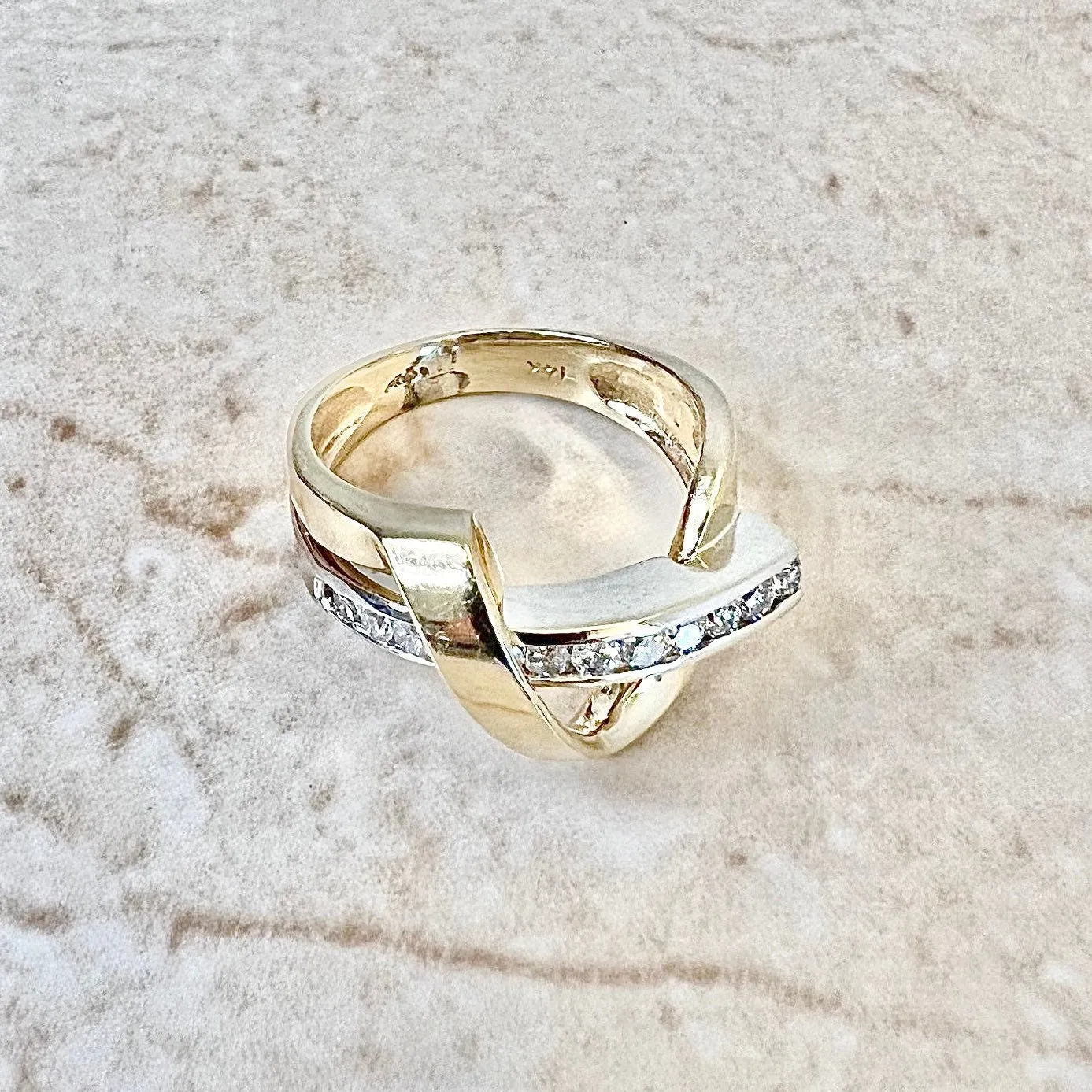Vintage 14 Karat Two-Tone Gold Diamond Crossover Band Ring