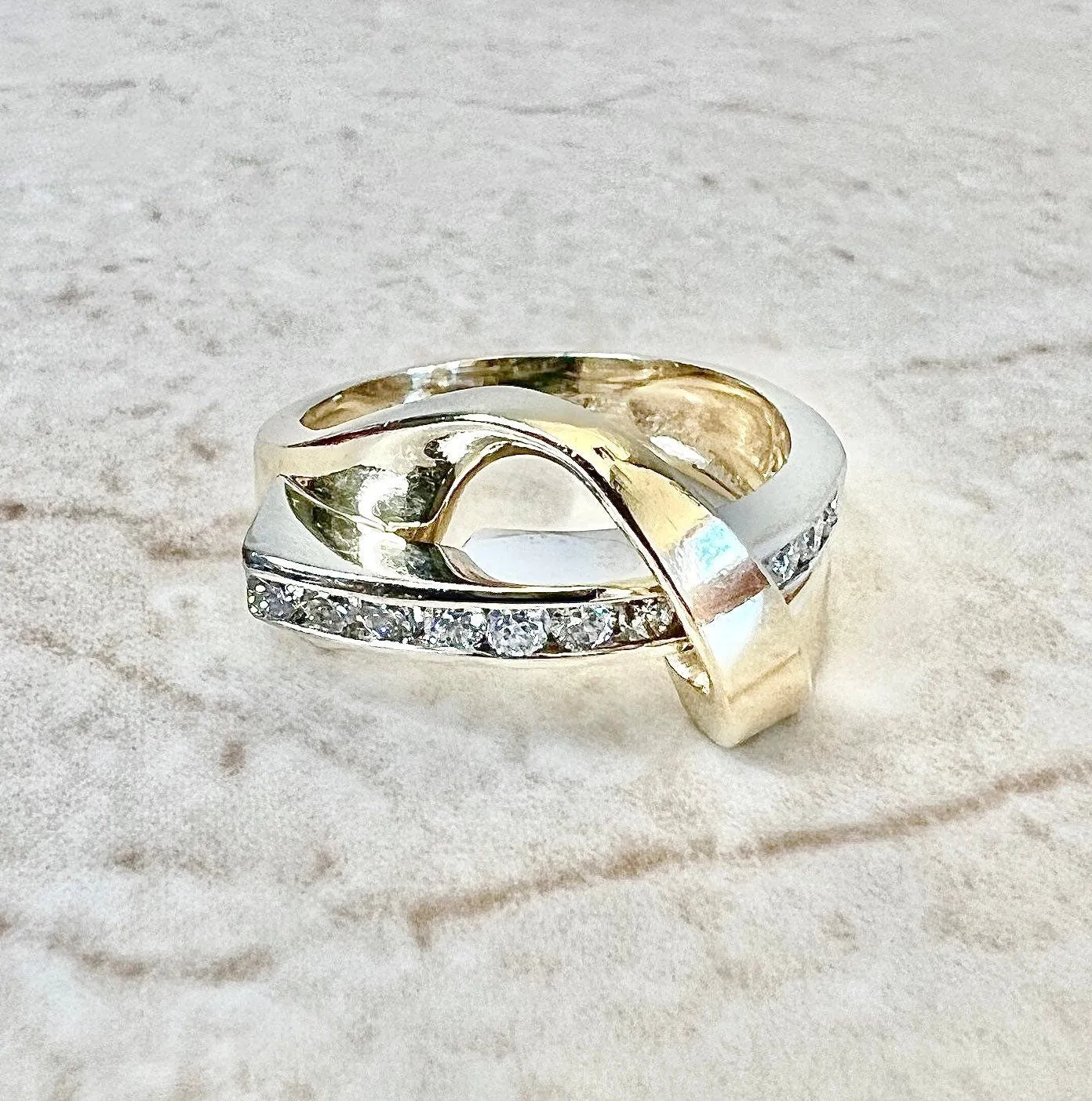 Vintage 14 Karat Two-Tone Gold Diamond Crossover Band Ring