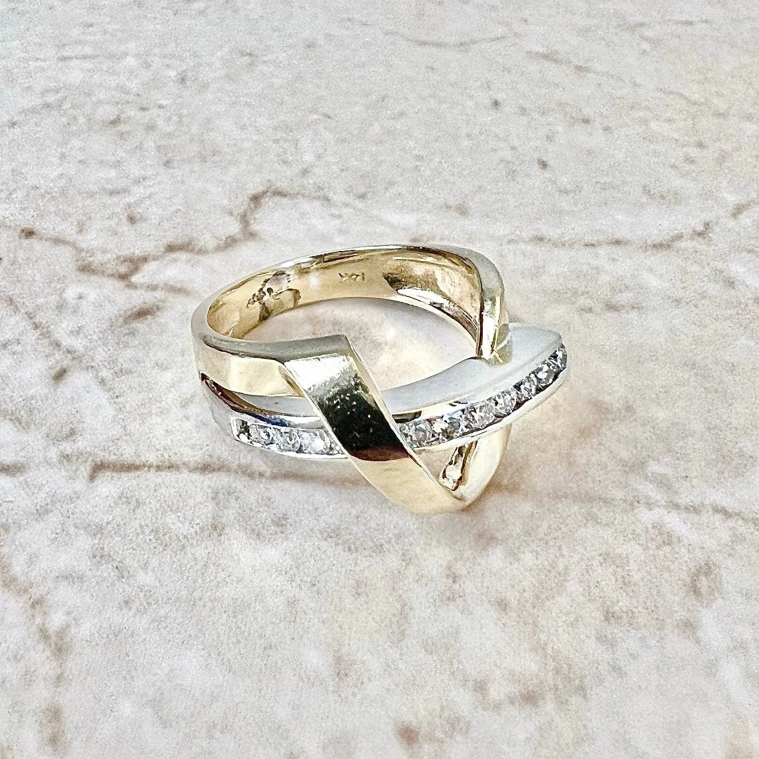 Vintage 14 Karat Two-Tone Gold Diamond Crossover Band Ring
