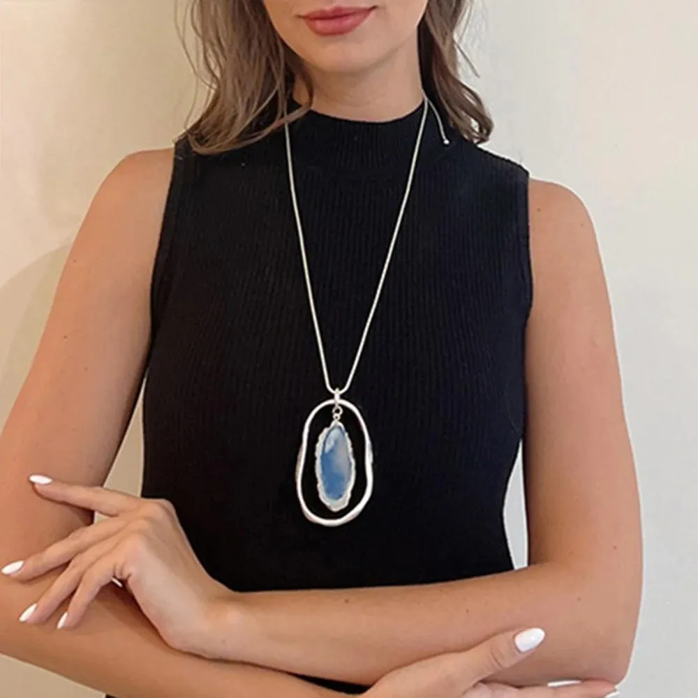 Vintage Blue Stone Pendant Long Necklace with Alloy Boho Trend Long Chains Women's