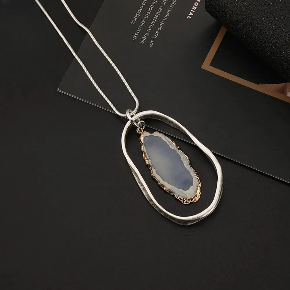 Vintage Blue Stone Pendant Long Necklace with Alloy Boho Trend Long Chains Women's