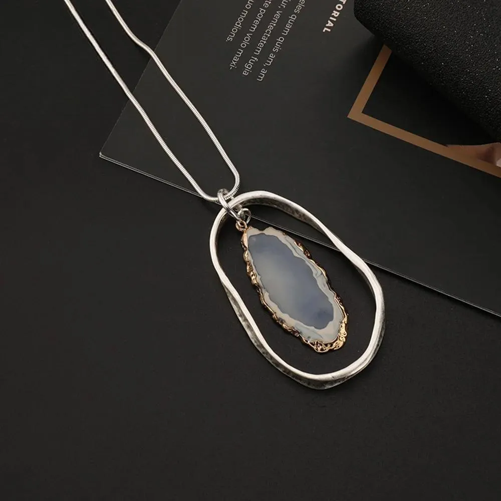 Vintage Blue Stone Pendant Long Necklace with Alloy Boho Trend Long Chains Women's