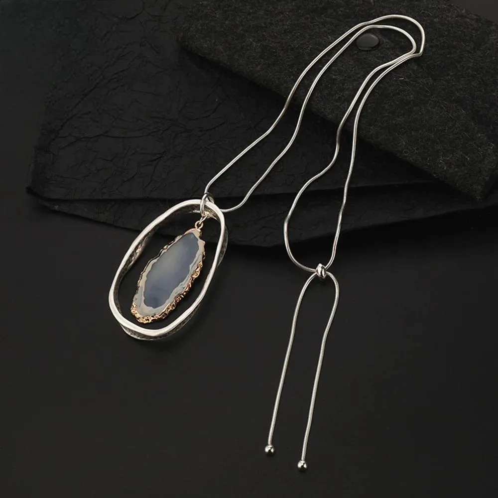 Vintage Blue Stone Pendant Long Necklace with Alloy Boho Trend Long Chains Women's