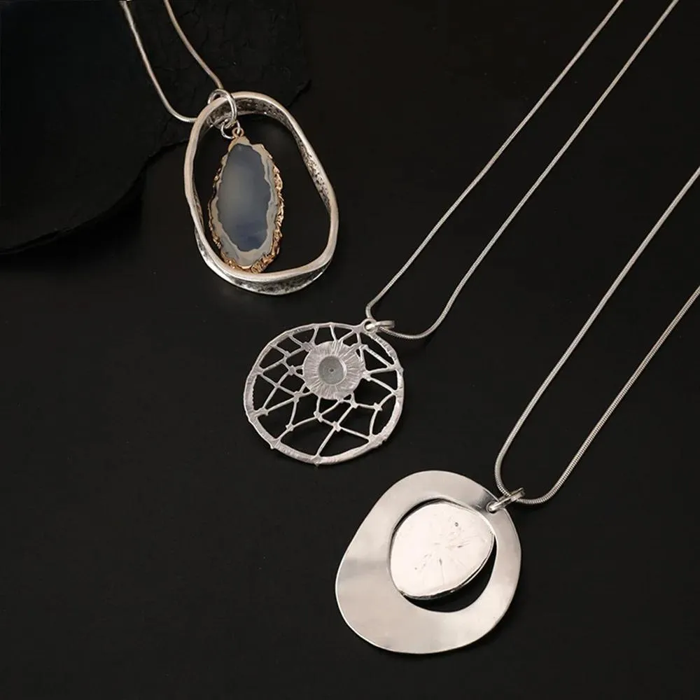 Vintage Blue Stone Pendant Long Necklace with Alloy Boho Trend Long Chains Women's