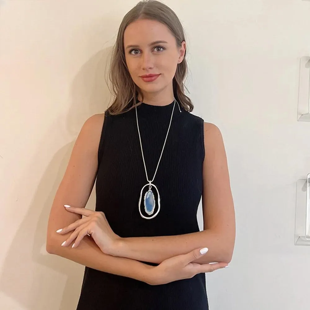 Vintage Blue Stone Pendant Long Necklace with Alloy Boho Trend Long Chains Women's