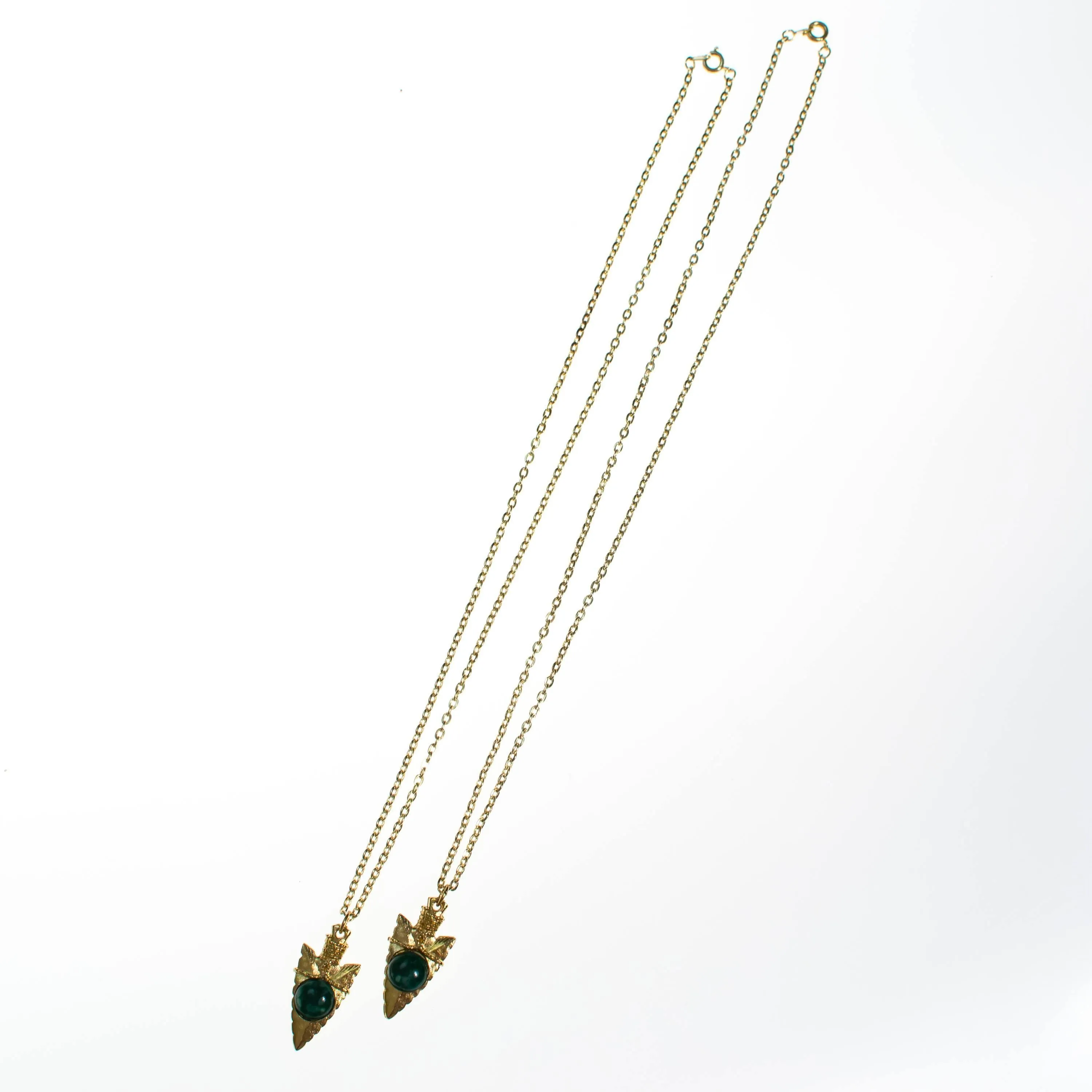 Vintage Gold Arrow Head Necklace with Speckled Jade Art Glass Cabochon
