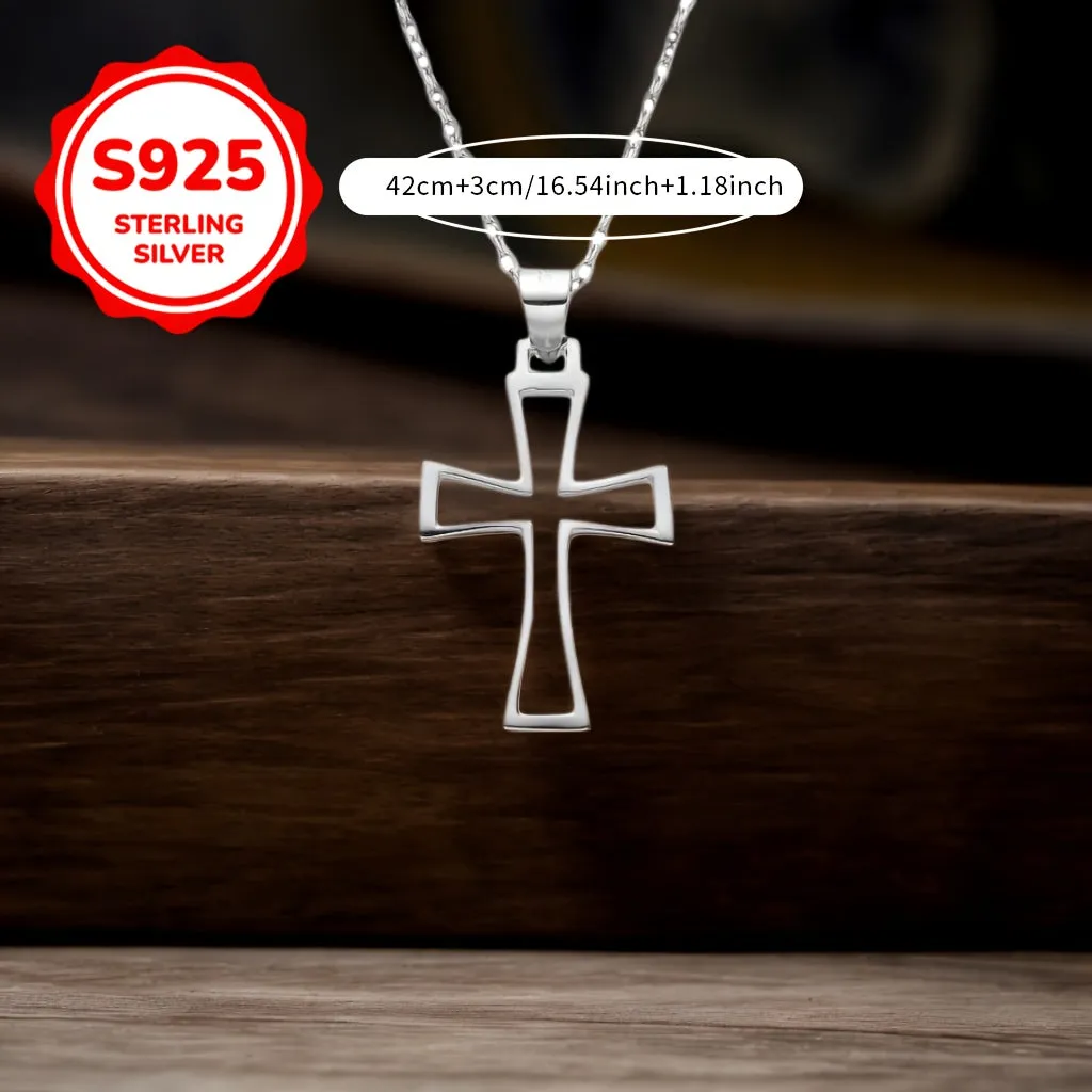 Women's Cross Pendant Necklace, Faith Protection Hollow Design, S925 Silver