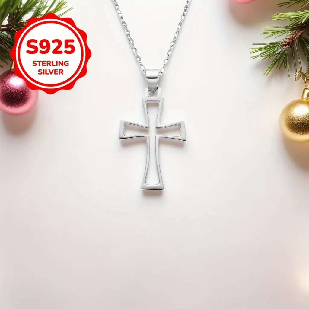 Women's Cross Pendant Necklace, Faith Protection Hollow Design, S925 Silver
