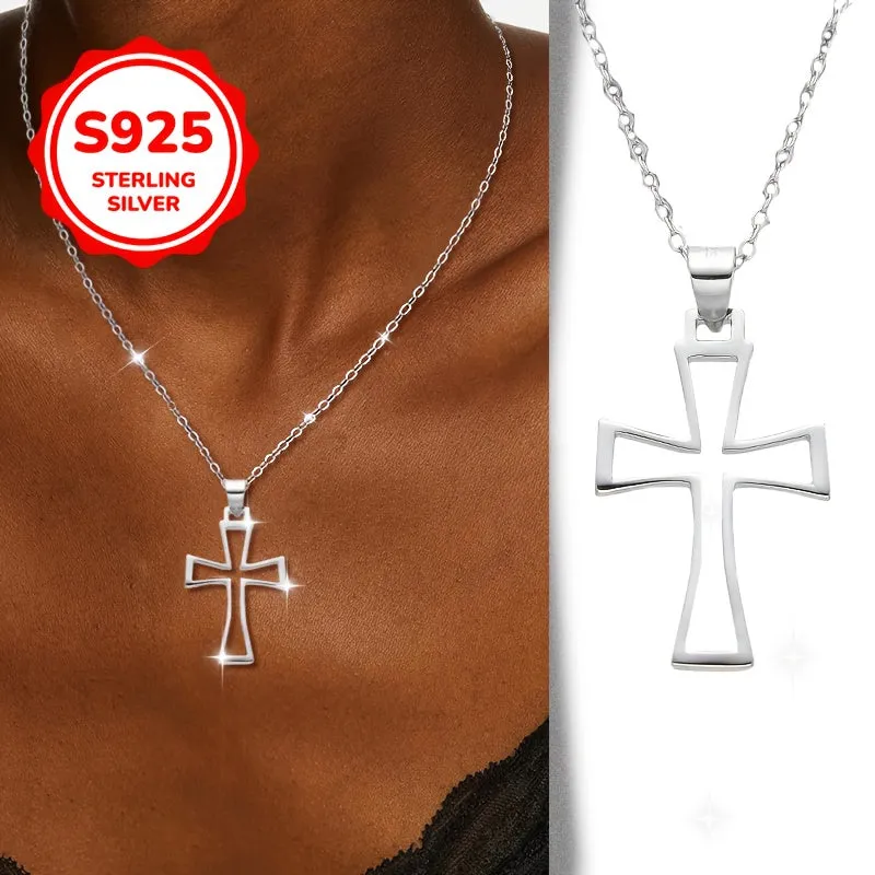 Women's Cross Pendant Necklace, Faith Protection Hollow Design, S925 Silver