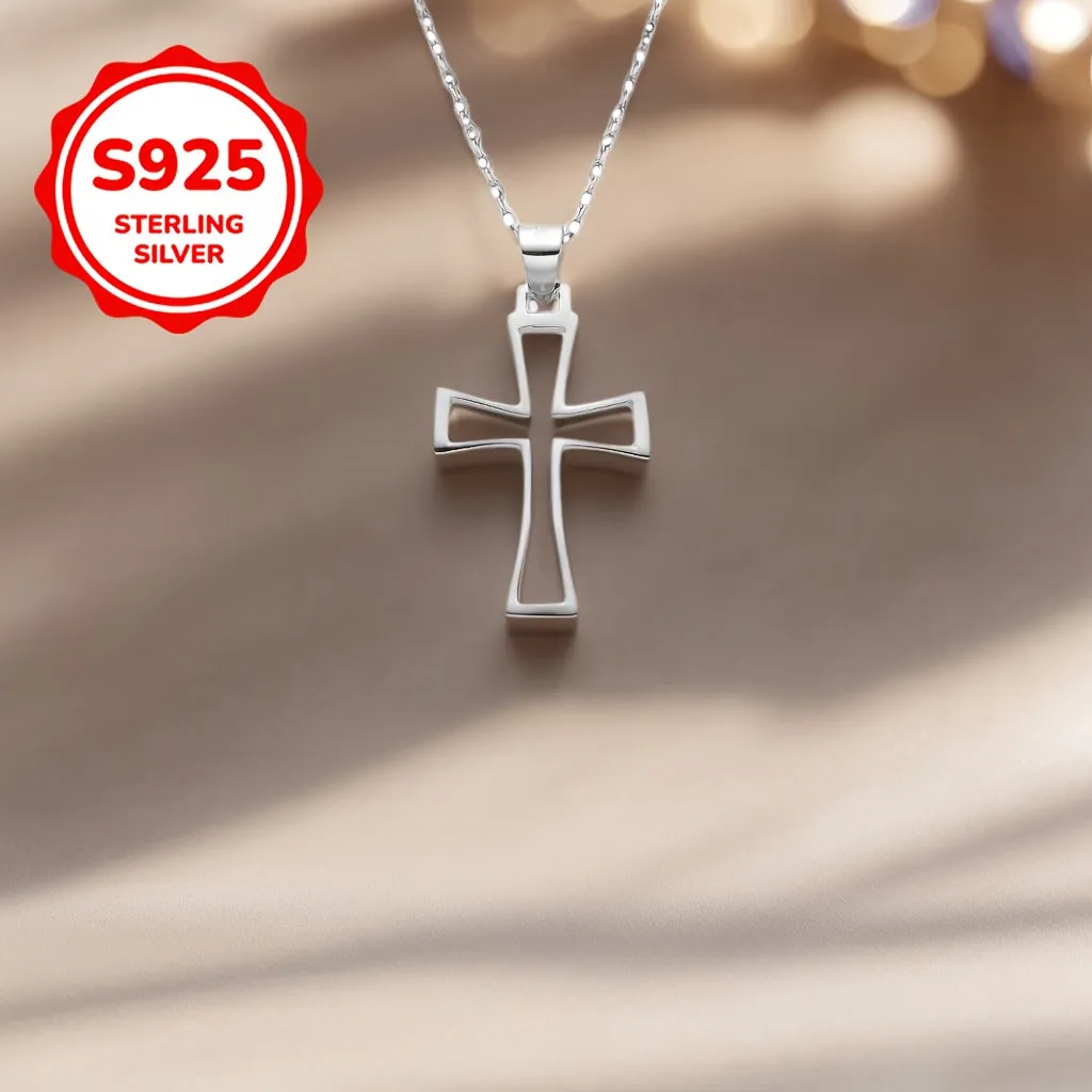 Women's Cross Pendant Necklace, Faith Protection Hollow Design, S925 Silver