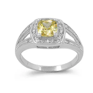 Yellow CZ Solitaire Halo Wedding Ring New .925 Sterling Silver Band Sizes 5-11