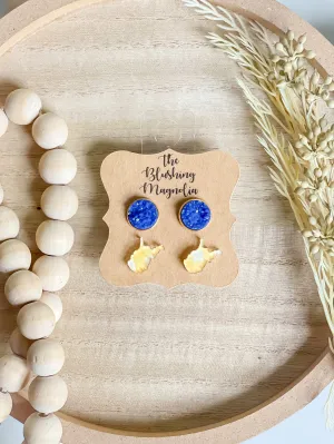 Yellow Plaid WV   Blue Druzy Studs