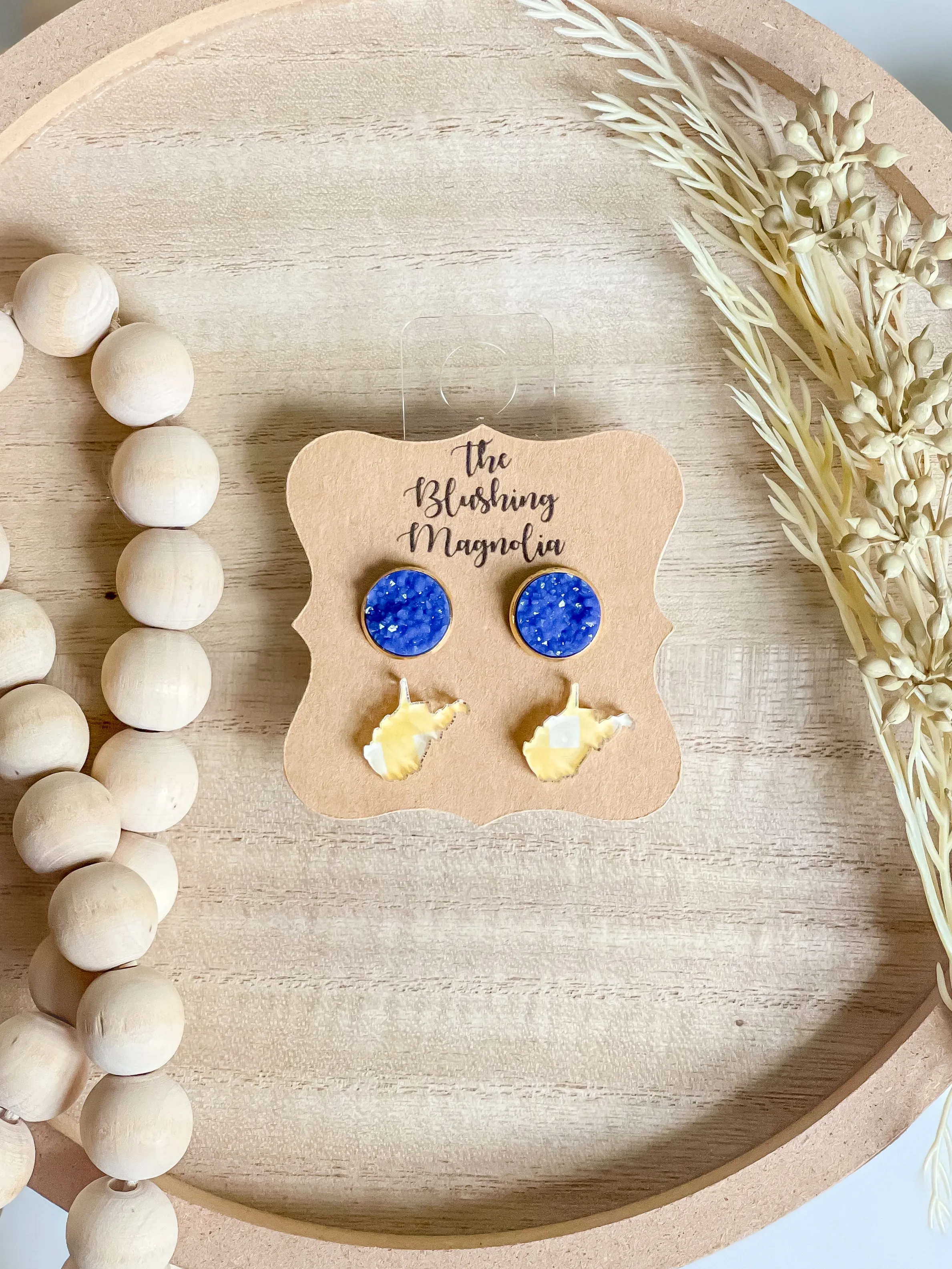 Yellow Plaid WV   Blue Druzy Studs