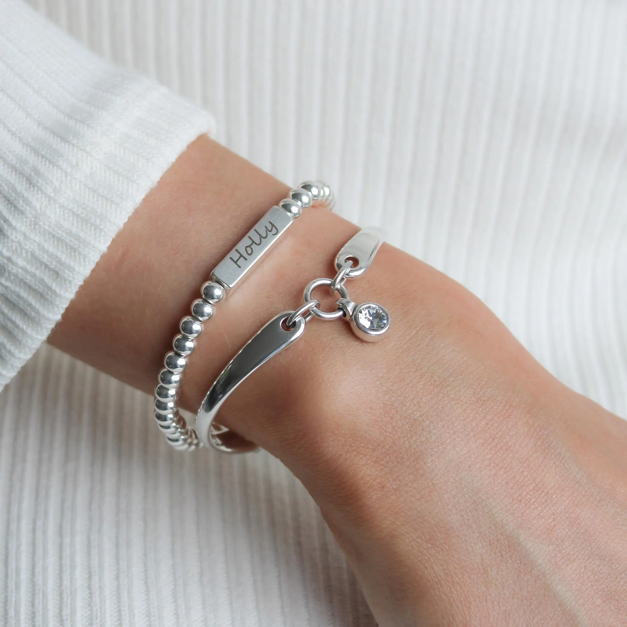 Zara Engravable Bar Personalised Beads Bracelet, Silver
